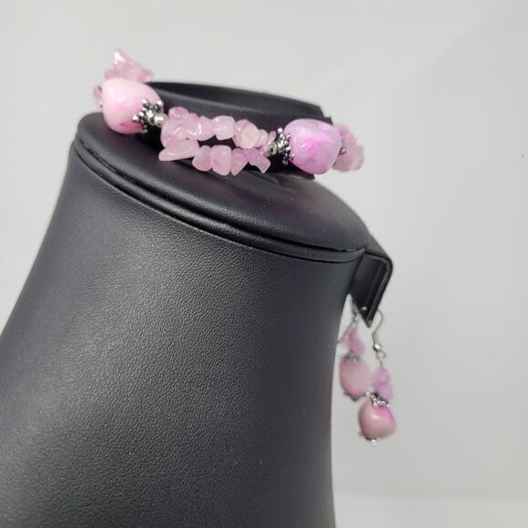 Natural Gem 2pc Set Pink Quartz Drop Earrings Pierced Bracelet Love Healing Gift - Picture 12 of 16